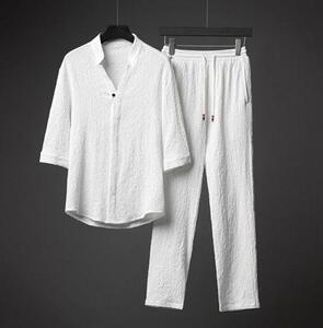 メンズシャツ セットアップ ジャージ 上下セット 接触冷感 Tシャツ 綿麻風 半袖シャツ ロングパンツ 夏服 サルエルパンツ 部屋着 白 L