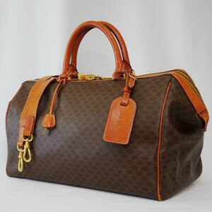 【美品 2way がま口 カデナ付】CELINE セリーヌ ボストンバッグ マカダム ブラウン 旅行 鞄 カバン ハンドバッグ ショルダーバッグ 大容量