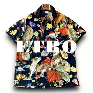 A09 極上品！花 虎 華 定価8万 XLサイズ『エトロ ETRO』イタリアンコットン フラワー 花柄 タイガー 半袖 ポロシャツ アートのような逸品！