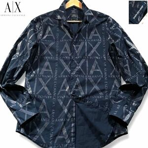 極美品/Mサイズ相当●アルマーニ エクスチェンジ 長袖シャツ 羽織り ARMANI EXCHANGE ストレッチ 光沢AXロゴ 総柄 ネイビー