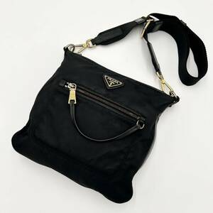 1円〜【最高級】PRADA プラダ サコッシュ ナイロン×レザー ショルダーバッグ 3角ロゴ 金具 黒 斜め掛け 肩掛け クロスボディ 革 ゴールド 