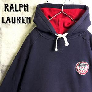 希少 美品 Polo by Ralph Lauren ポロバイラルフローレン フーディー スウェット パーカー 星条旗 エンブレム刺繍ロゴ ネイビー 紺 M