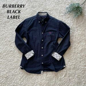 バーバリーブラックレーベル BURBERRY BLACK LABEL長袖シャツ BD ボタンダウン ノバチェック ホースロゴ刺繍 ネイビー 紺色 ビジネス