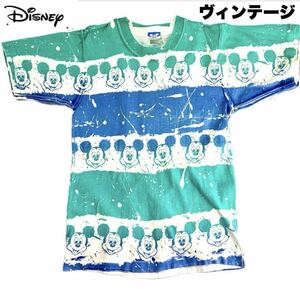 70s Disney Vintage Mickey Mouse Tシャツ USA製 ロサンゼルスディズニーレディースフリーサイズ総柄 半袖 コットン カットソー プリント 