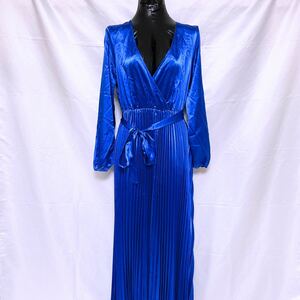 【1円】【未使用】光沢 サテン ナイロン つるつる カラー プリーツ ドレス 大きいサイズ ブルー