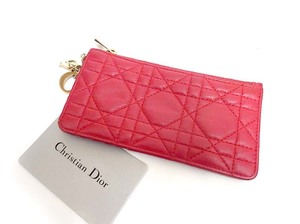 中古品 Lady Dior レディ ディオール カナージュ ジップカードホルダー ラムスキン 財布 カードケース 名刺入れ