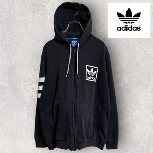 アディダス　パーカー　ジップアップ　トレフォイルロゴ　メンズXL HOODIE 古着 ブラック