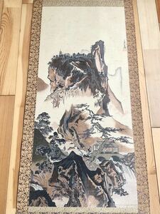 稀少 ヴィンテージ 雪舟 等楊 明国山水之図 日本禅人 等楊 掛軸 木箱 絵画 日本画 古美術