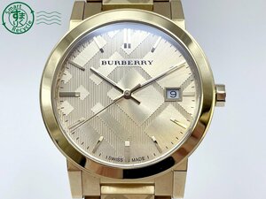 2409601372　＃ 1円～！ BURBERRY バーバリー BU9038 クォーツ QZ 3針 デイト アナログ 腕時計 ゴールド文字盤 ノバチェック 純正ベルト