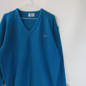 ○美品 70s 80s IZOD LACOSTE ラコステ◆ニット セーター Vネック ワンポイントロゴ ヴィンテージ◆メンズ ターコイズ XLサイズ