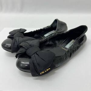 PRADA パテントレザー リボン バレエシューズ レディース ブラック サイズ 37