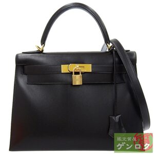 【中古】HERMES エルメス ケリー28 ショルダーバッグ ハンドバッグ 2WAY 斜め掛け ブラック ボックスカーフ □F刻印(2002年) 【質屋】