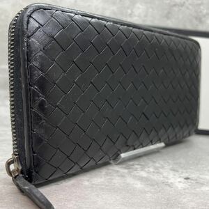 【極美品】 BOTTEGAVENETA ボッテガヴェネタ メンズ ビジネス 長財布 ラウンドファスナー イントレインチャート レザー ブラック 編み込み