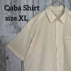 キューバシャツ 半袖開襟ピンタックプリーツデザイン3ポケット クリームカラーXL