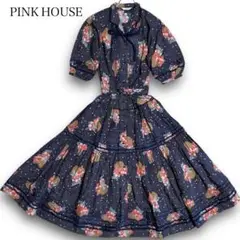 PINK HOUSE ロングワンピース 半袖 ドット柄 × 花柄 ネイビー