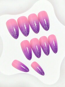 ネイル チップ グリッター付きピンク紫のグラデーションデザイン付きアクリル爪 付属品:グルー、テープ、ネイルファイル サイズ:中