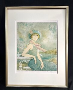 MIK851　海辺のカトリーヌ★ベルナールシャロワ★人物画★絵画◆額入り【1円スタート】コレクション　