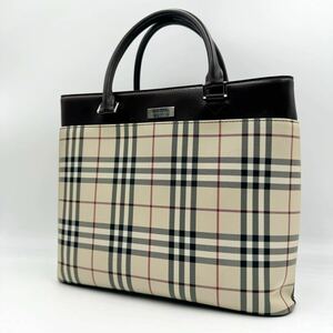 1円 【極美品】 Burberry バーバリー トートバッグ ハンドバッグ ノバチェック ロゴプレート A4 キャンバス レザー ブラウン