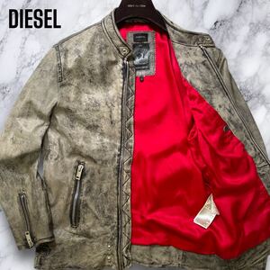 未使用級/極上羊革◎DIESEL アンティーク加工 ラムレザー ライダース レザージャケット 本革 裏地赤 ダメージ加工 ディーゼル メンズ M