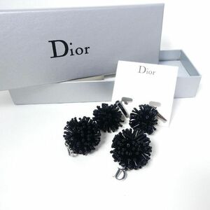 極美品 DIOR ディオール 両耳用 イヤリング ロゴ ポンポンデザイン 黒 ブラック