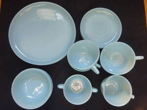 希少 ファイヤーキング「ターコイズブルー ディナーセット DINNERWARE SET 18Pce.」箱付 ANCHOR HORCKING FIRE-KING