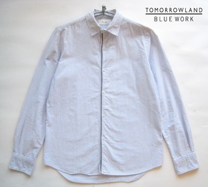 美品!!TOMORROWLAND BLUE WORK*イカリ刻印入りボタン ストライプ柄オックスフォードシャツ 1 実寸S 白×青 トゥモローランド ブルーワーク