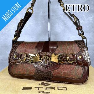 ETRO エトロ ペガサス ペイズリー クロコ型押し チェーン ハンドバッグ