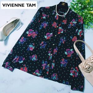 VIVIENNE TAM ヴィヴィアンタム パワーネット ストレッチ シャツ シースルー ブラウス 長袖 黒 ブラック 花 フラワー 水玉 ドット S 