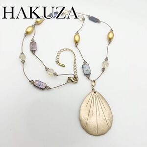 HAKUZA 箔座 金箔　金粉　リーフペンダント　淡水真珠　ロングネックレス　軽量　アクセサリー 送料無料