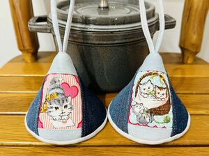 三角鍋つかみ★staubストウブ　ホーロー鍋★ミトン★鍋つかみ★デニムリメイク　猫