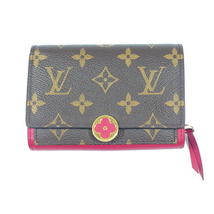 【中古】LOUIS VUITTON ルイ ヴィトン モノグラム ポルトフォイユ フロール コンパクト M64588 二つ折り財布 フューシャ ブラウン×レッド