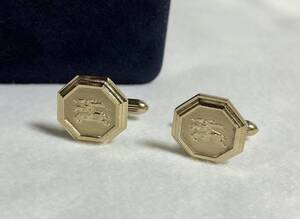 正規 Burberryバーバリー 騎士ロゴ ホース立体ストライプラインカフス 1.6cm ゴールド ヘリテージデザインボタン ヴィンテージカフリンクス