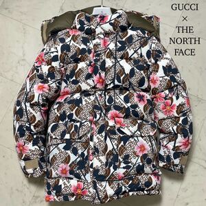 極美品/L相当★GUCCI × THE NORTH FACE グッチ ノースフェイス 総柄ロゴ ダウンジャケット コート 着脱フード ブルゾン 希少コラボ メンズ