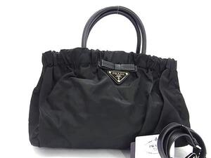 1円 ■新品同様■ PRADA プラダ BN1631 テスートナイロン×レザー 2WAY ハンドバッグ ショルダー 肩掛け レディース ブラック系 FF6224