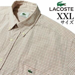 大きめXXL相当【LACOSTE】くすみピンク×細めチェック柄 ラコステ ロゴワッペン×釦刻印 オーバーサイズ半袖BDシャツ 美品◎