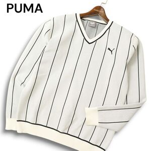 PUMA GOLF プーマ ゴルフ 通年 ロゴ刺繍★ ストライプ Vネック ニット セーター Sz.XL メンズ 白 大きいサイズ 　C5T00029_1#L