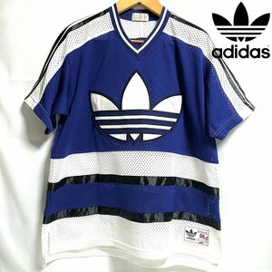 adidas アディダス ヴィンテージ 90s デサント社製 メッシュ ゲームシャツ デカロゴ 半袖 Tシャツ ゆったりサイズ フリーサイズ　M L