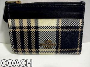 X4L034◆本物◆ コーチ COACH ブラック&ベージュ チェック柄 キーリング カードポケット付き 小銭入れ コインケース パスケース 財布