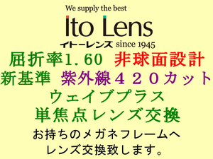 Ito Lens 単焦点1.60 非球面設計 新基準の紫外線カットHEV420 ウェイブプラス 眼鏡レンズ交換