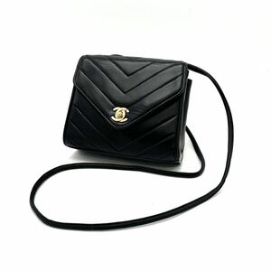 1円 美品 CHANEL シャネル Vステッチ ターンロック ココマーク ミラー付 ラムスキン ミニ ショルダー バッグ dD0549N