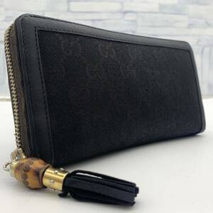 【極美品】グッチ GUCCI 長財布 ウォレット ラウンドファスナー ジップ レオパード柄 バンブー タッセル GG柄 キャンバス ブラック レザー