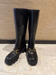 ★GUCCI グッチ 659707 ホースビット ラバー ロングブーツ／レインブーツ レディース 黒×ゴールド金具 38イタリア製 