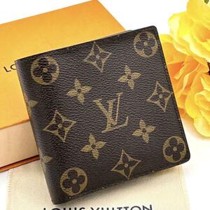 極美品ルイヴィトン ポルトフォイユ マルコ モノグラム 二つ折り財布 ウォレット レザー ブラウン LOUIS VUITTON