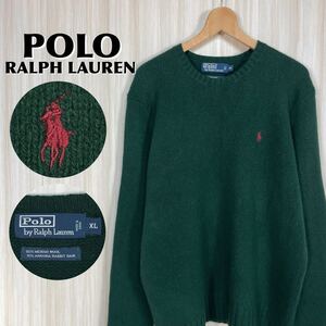 ☆高級素材☆希少アイテム☆ POLO ポロバイラルフ 刺繍ロゴ レッドポニー アンゴラ混 ウールニット XL 深緑 セーター ダークグリーン 古着