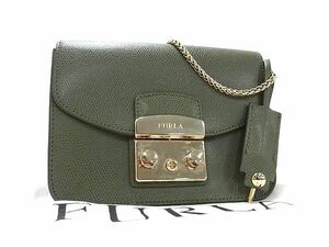 1円 ■美品■ FURLA フルラ メトロポリス レザー チェーン クロスボディ ショルダーバッグ 斜め掛け レディース カーキ系 FH0566