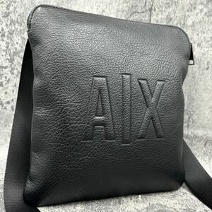 美品◎ARMANI EXCHANGE アルマーニ エクスチェンジ レザー シボ革 サコッシュ ショルダーバッグ エンボスロゴ 斜め掛け ブラック 黒 メンズ