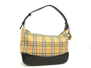 1円 ■極美品■ BURBERRY バーバリー ノバチェック キャンバス×レザー ショルダーバッグ 肩掛け ベージュ系×ブラック系 BK4117