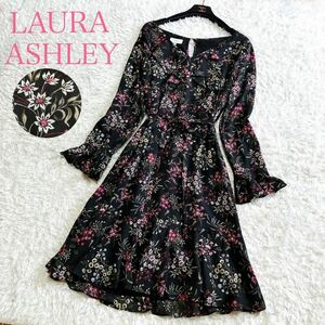 美品 LAURA ASHLEY ローラアシュレイ ロングワンピース ティアード フレア フリル リボン L 花柄 総柄