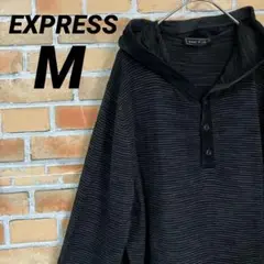 EXPRESS ボーダー レーヨン パーカー フーディー 薄手 ハーフボタン