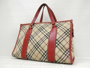 ◆美品◆BURBERRY バーバリーブルーレーベル◆ノバチェック◆キャンバス レザー 本革◆ハンド トート バッグ◆ベージュ 赤 SV金具◆A7453